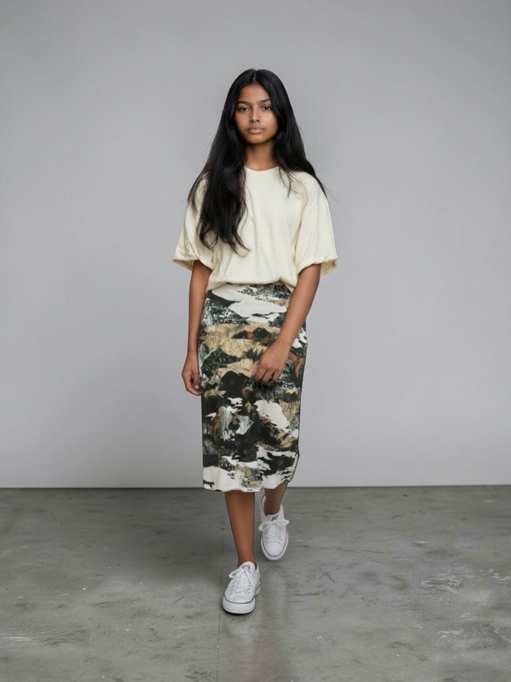 Babaton Neutral Abstract Print Midi Skirt in Cream, Green, Brown Size 8 Medium
